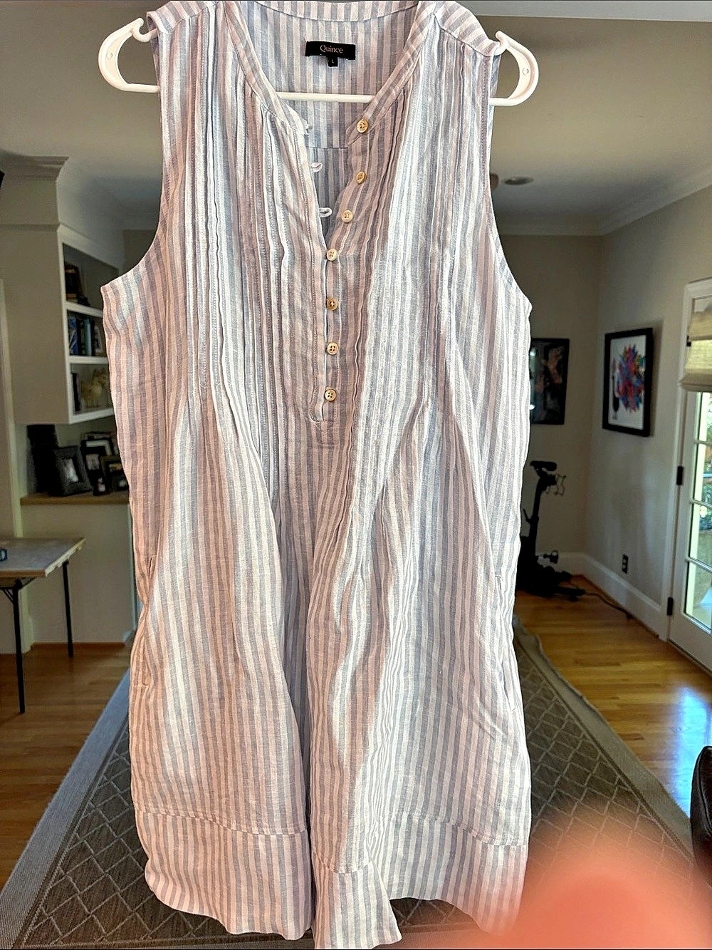 Quince 100% European Linen Sleeveless Dress Blue & white Stripe with Buttons